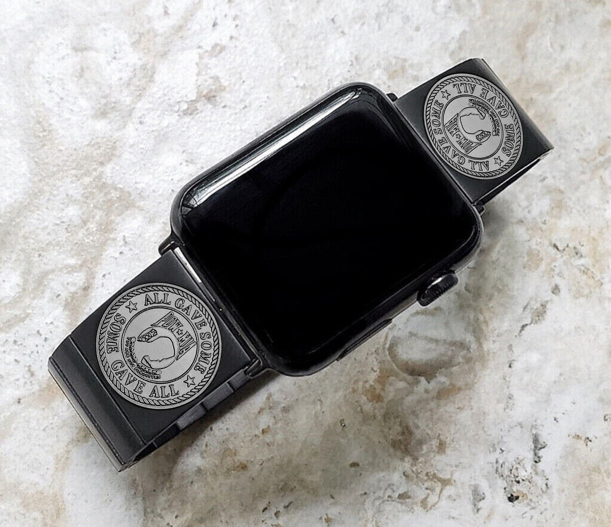 POW MIA Engraved Band for Apple iWatch Ultra 2 9 8 7 SE 6 5 4 3 2 1 Case 38mm 40mm 41mm 42mm 44mm 45mm 49mm Black Stainless Steel Strap PM1